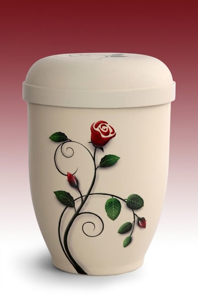 Biourne 2023 – cremefarbene Urne mit roter Rose