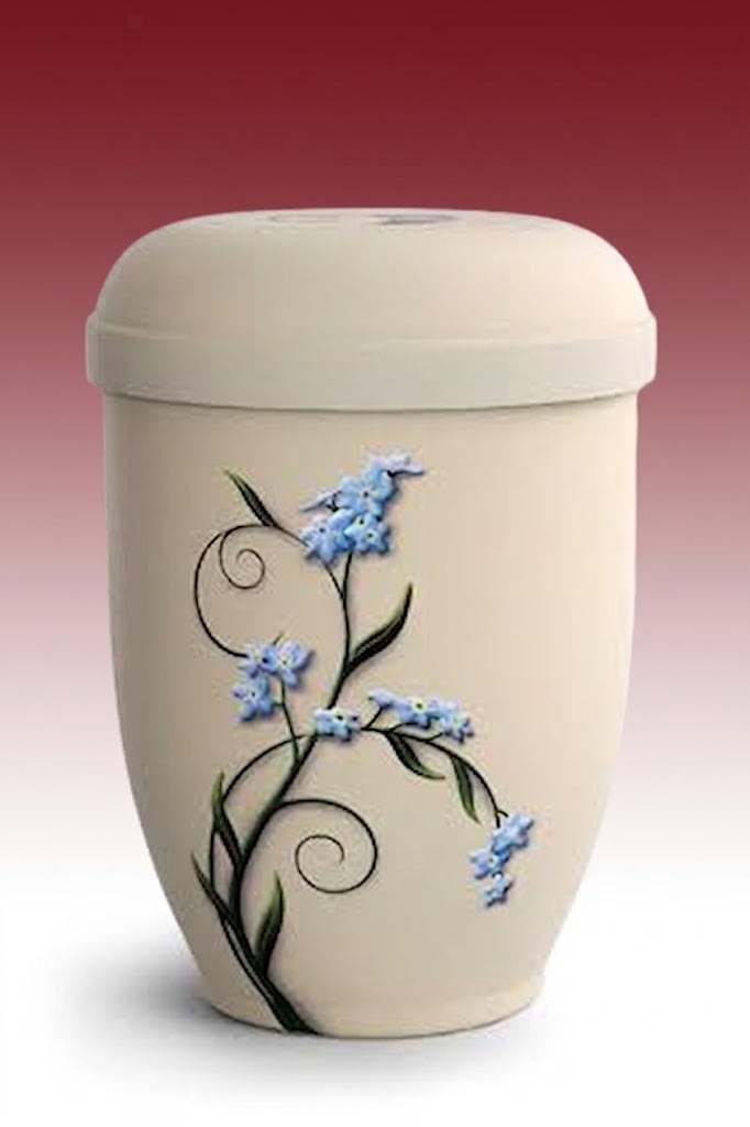 Biourne 2026 – cremefarbene Urne mit blauen Blüten