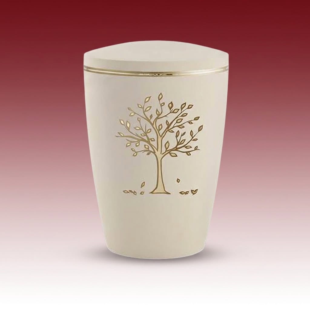 Biourne 2_370671-2 – cremefarbene Urne mit goldenem Lebensbaum