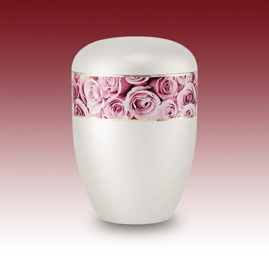 Biourne 2_76F-2 – weisse Urne mit rosa Rosenbordüre