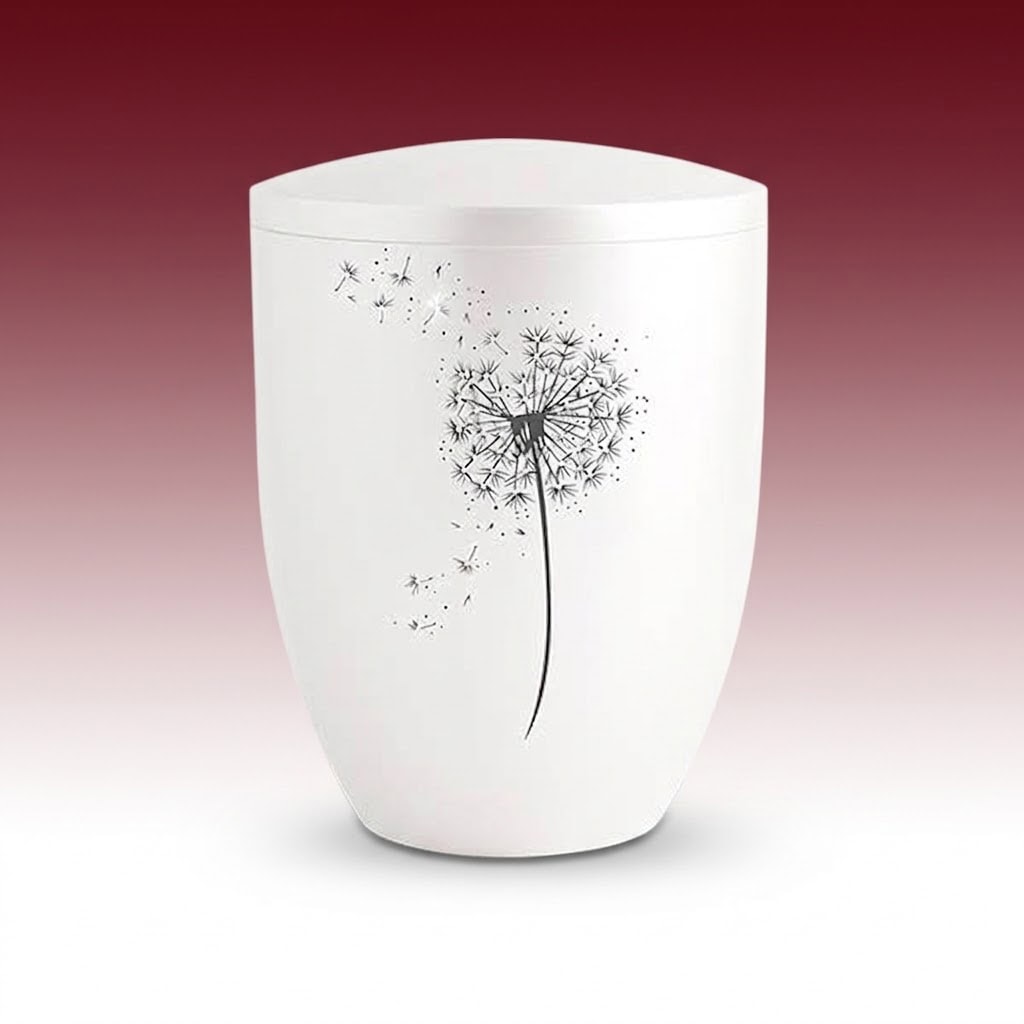 Biourne 3450-2 – weisse Urne mit Pusteblume
