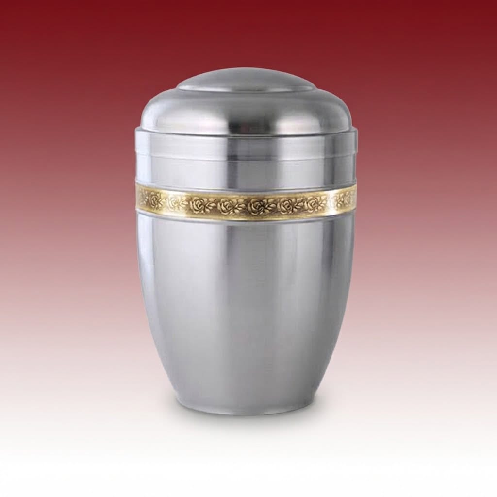 Silberfarbene Metallurne 796 mit goldenem Zierband