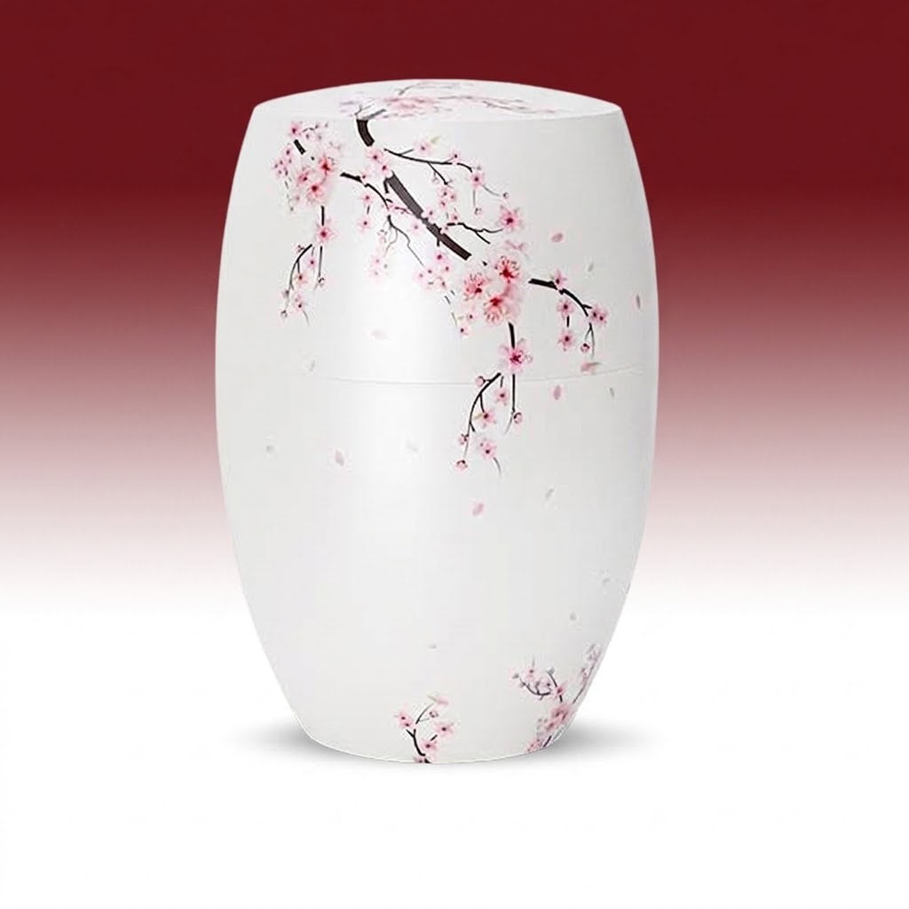 Biourne 8606-2 – weisse Urne mit rosa Blütenzweigen