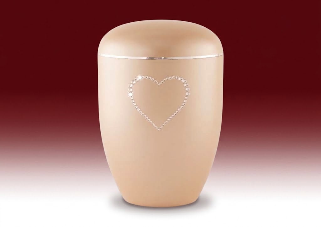 Biourne Swarovski Herz Perlmutt apricot – apricotfarbene Urne mit glitzerndem Herz und silbernem Band