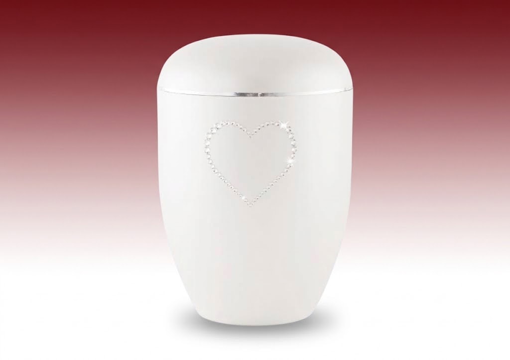 Biourne Swarovski Herz Perlmutt weiss – weisse Urne mit glitzerndem Herz und silbernem Band