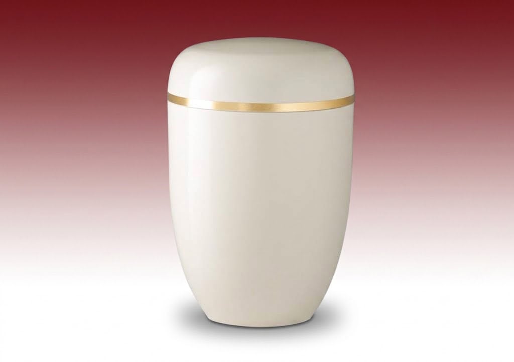 Biourne Perlweiss – perlweisse Urne mit goldenem Band