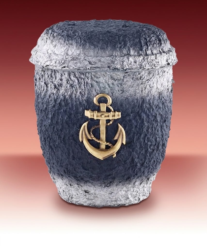 Wasserurne 1040ME – blau-silberne Urne mit rauer Oberfläche und goldenem Anker