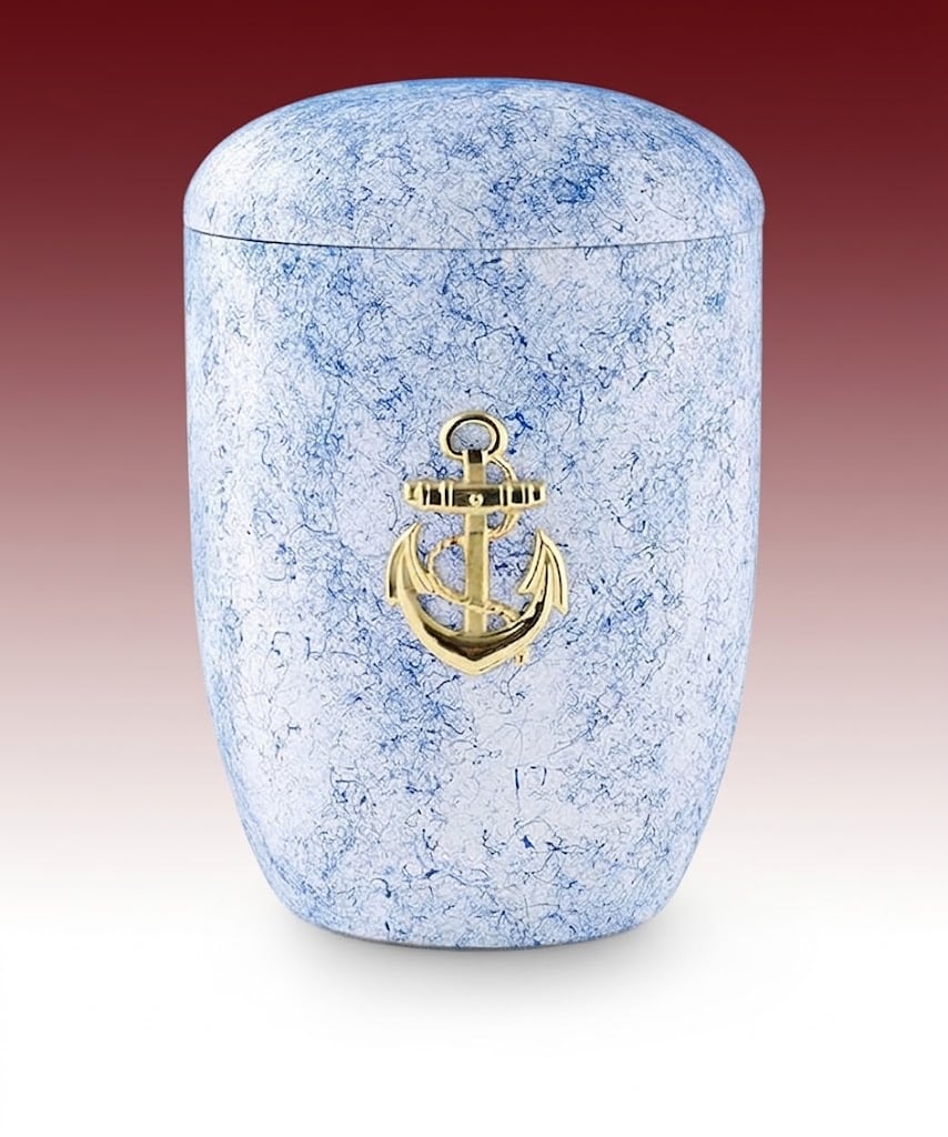 Wasserurne 1050 – hellblaue marmorierte Urne mit goldenem Anker